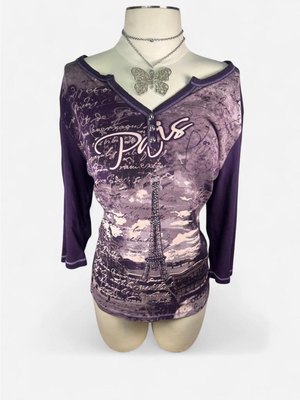 Y2K / 90s Purple Paris Graphic Henley Top by Essentials